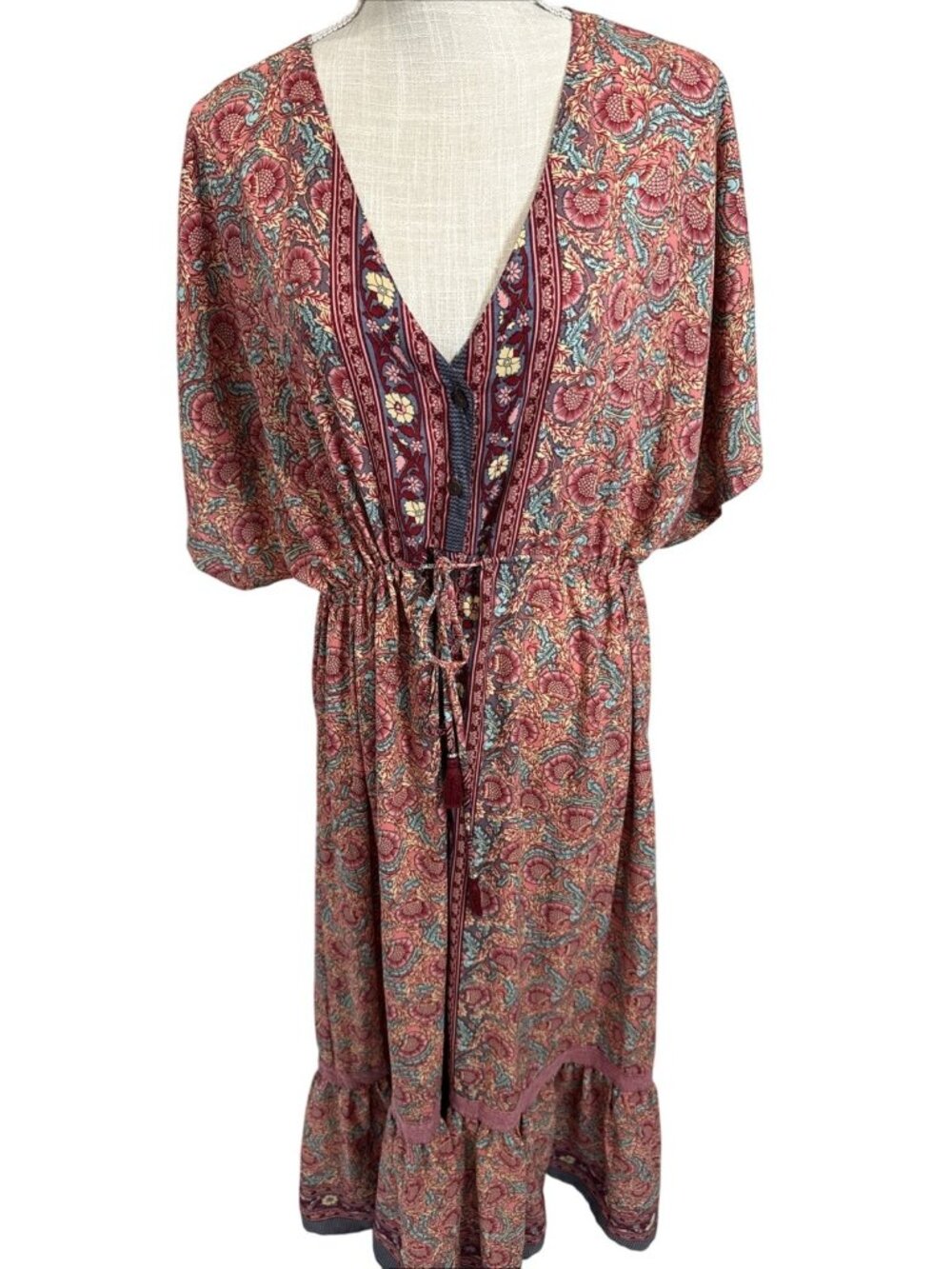 Chaudry Bohemian Floral Midi Dress With Tie Waist & Kimono Sleeves XL